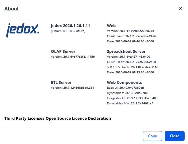 Click to enlarge Screenshot showing the "About" dialog in Jedox